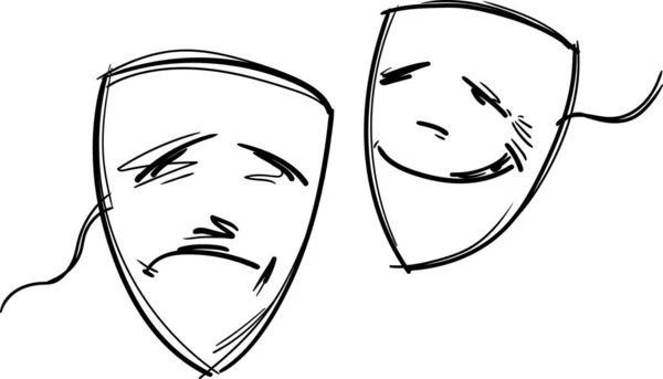 Dvě Divadelní Komediální Tragediální Masky Ležérně Kreslené Formě Obrysu Bílém — Stockový vektor