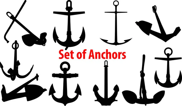 Set Black Silhouettes Different Types Anchors — Stock Vector