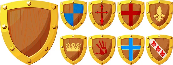 様々な紋章を持つ鉄で作られた木製の騎士の盾の小さなセット — ストックベクタ