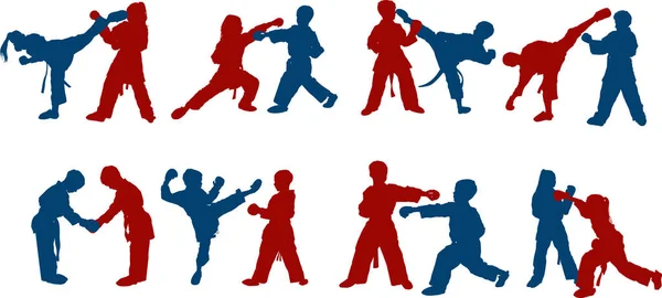 Figuras Deportistas Niños Niños Niñas Sparring Karate — Vector de stock