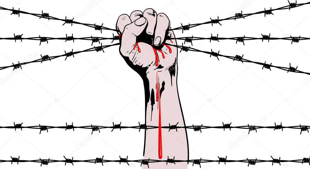 A strong male bloodied hand grips rows of barbed wire in a fist