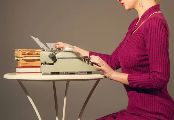 Slender Elegant Girl Dress Typing Something Old Typewriter — Stock Photo, Image