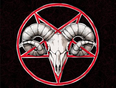 Şeytani sembol başaşağı yıldız ve keçi ya da kafatası koyu desenli arka plan