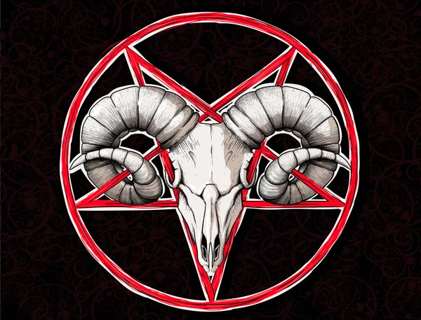 ダークパターンの背景に星やヤギやラムの頭蓋骨の上下に悪魔のシンボルペンタグラム — ストックベクタ