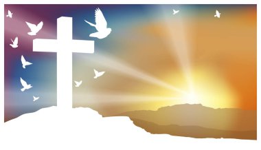 Calvary 'deki beyaz haç manzaranın arka planına karşı yükselen güneş ve güvercinler 