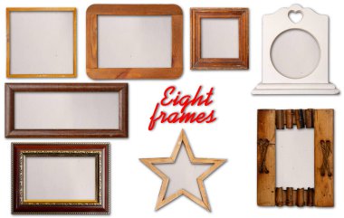 Beyaz üzerine izole edilmiş farklı şekillerin fotoğrafları veya resimleri için çeşitli vintage çerçeveler ve merkezde kaba kağıt desteğiyle