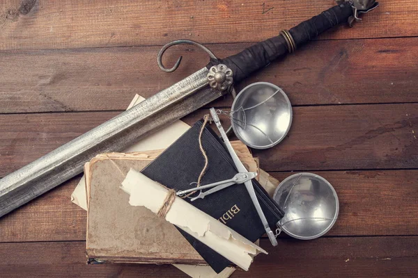 Still Life Legendary Attributes Justice Scales Sword Themis Well Old — Stock Photo, Image