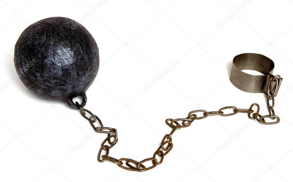 Heavy metal ball on a chain and a fastener for a prisoner or slave isolated on white background 