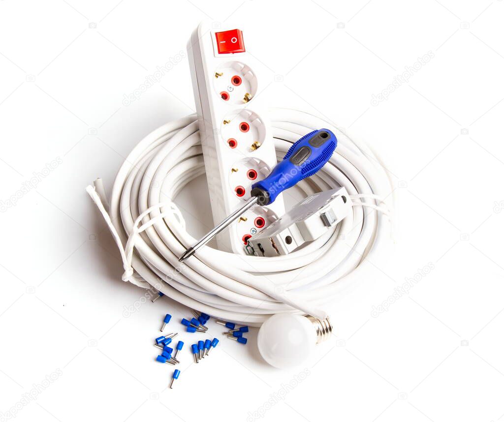 set of assorted electrician equipment and supplies on white background