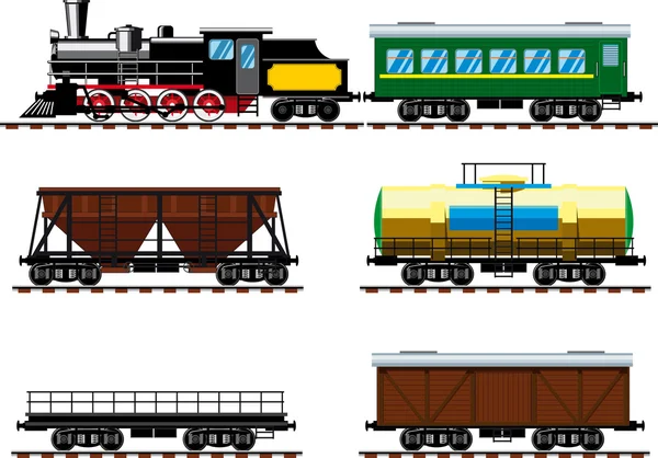 Vieja locomotora de vapor con vagones — Vector de stock