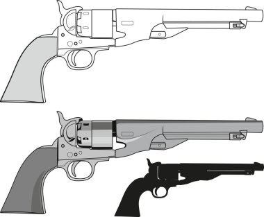 Beyaz arka planda izole edilmiş çeşitli varyasyonlarda klasik kovboy tabancası Colt Marine.