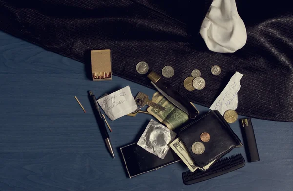 Contents of the pockets the men jacket — Stock Photo, Image