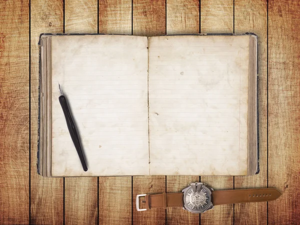 Notatnik na stół z drewna dla tekstu i tła — Zdjęcie stockowe