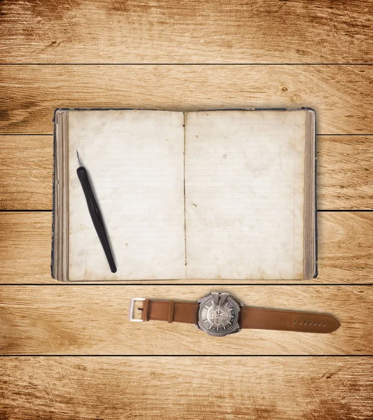 Notebook on wood table for text and background — Stock Photo, Image