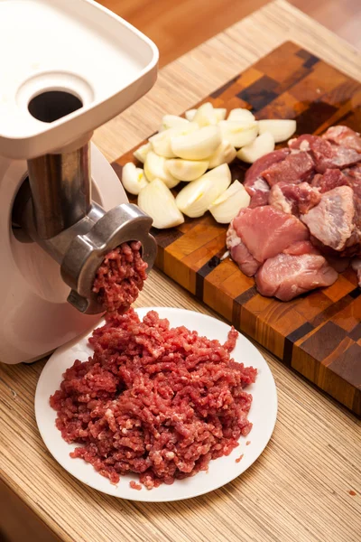 Penggiling daging listrik, forcemeat, bawang bombay dan daging potong — Stok Foto