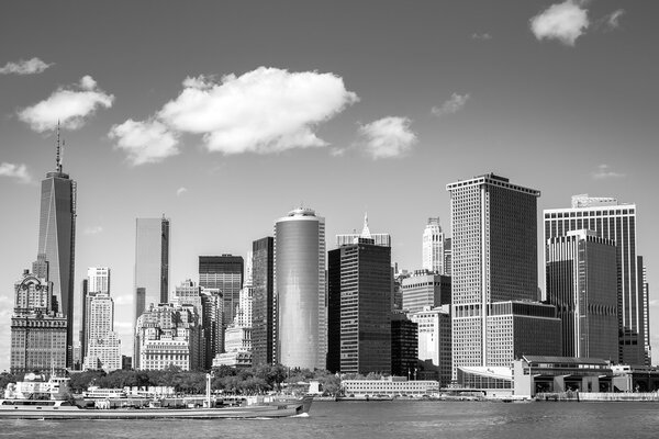 View on NewYork Downtown Skyline for the Hudson River on a Sunny Day in Black and White