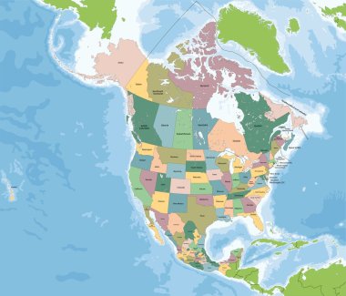 ABD, Kanada ve Meksika ile Kuzey Amerika harita