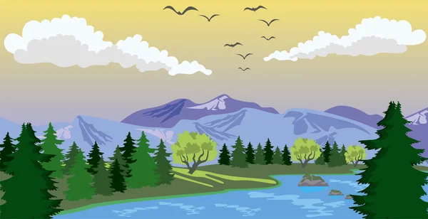 湖と山の美しさの風景 — ストックベクタ