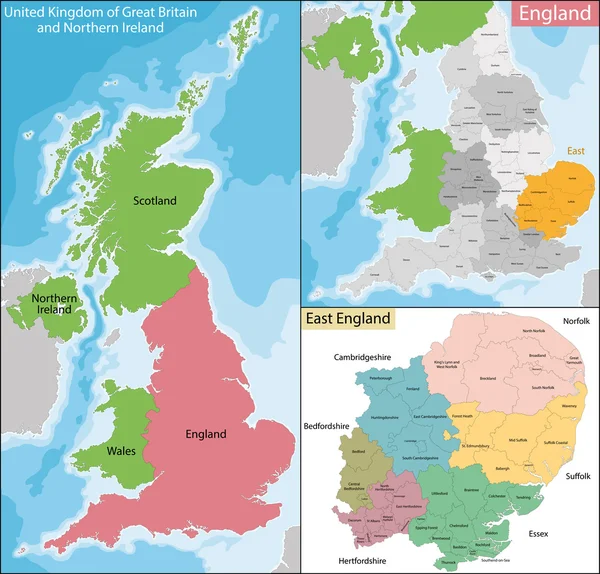 Mapa da Inglaterra Oriental — Vetor de Stock