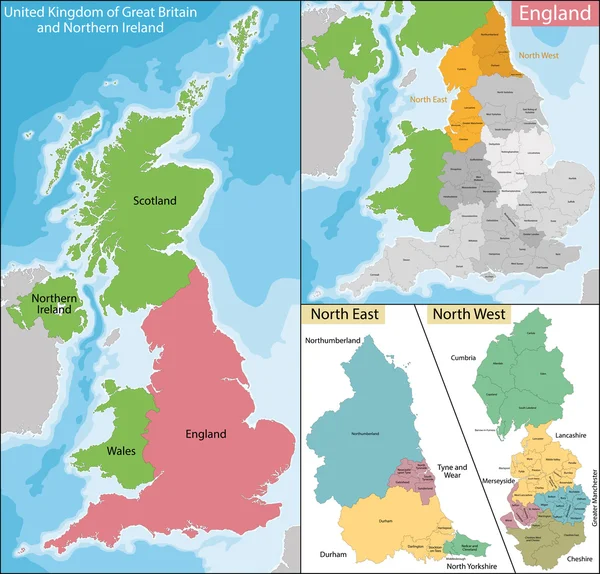 北东和西英格兰地图 — 图库矢量图片