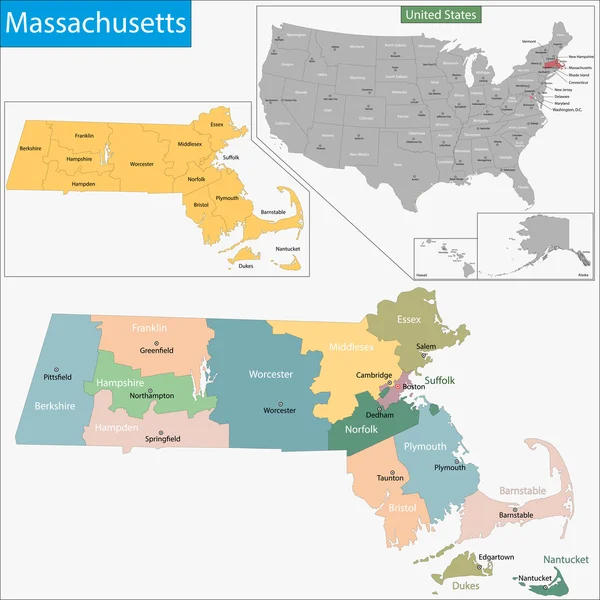 Massachusetts Mappa — Vettoriale Stock