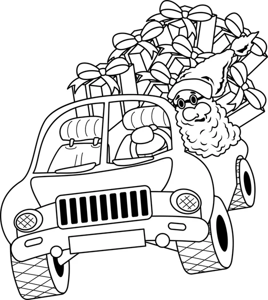 Санта-Клаус за рулем автомобиля с рождественскими подарками — стоковый вектор