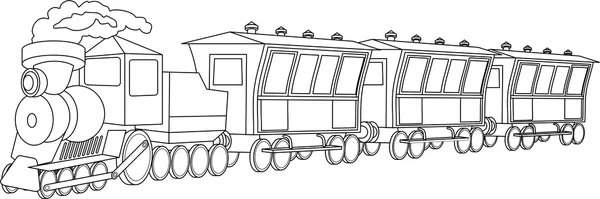 Vector coloring page with 3d models trains and bright landscape