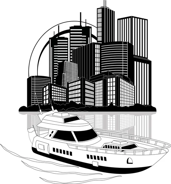 Luxury yacht and skyscrapers — Stock Vector