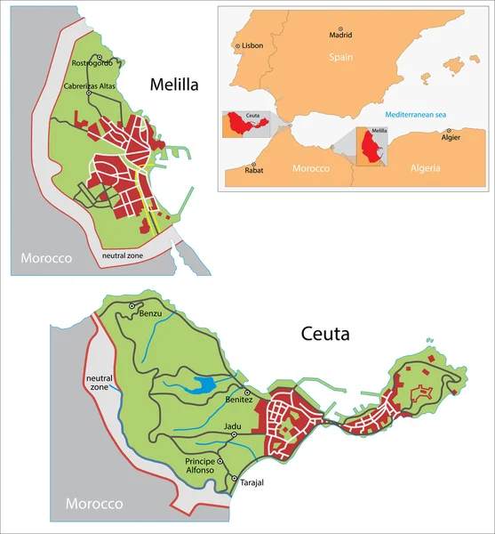 Mapa de Ceuta e Melilha — Vetor de Stock