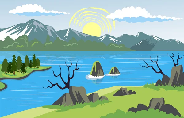 Beauty landscape with lake and mountain background — Stock Vector