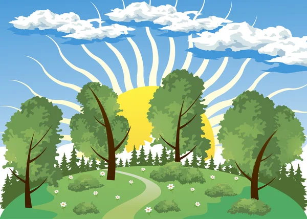 Δάσος τοπίο με τον ήλιο — Διανυσματικό Αρχείο