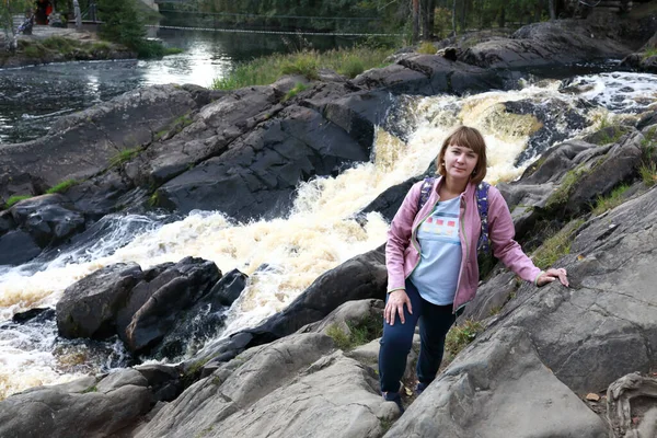 Woman Posing Background Ruskeala Waterfall Karelia — Stock Photo, Image