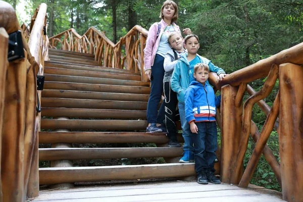 Familie Steht Auf Holztreppe Park Karelien — Stockfoto