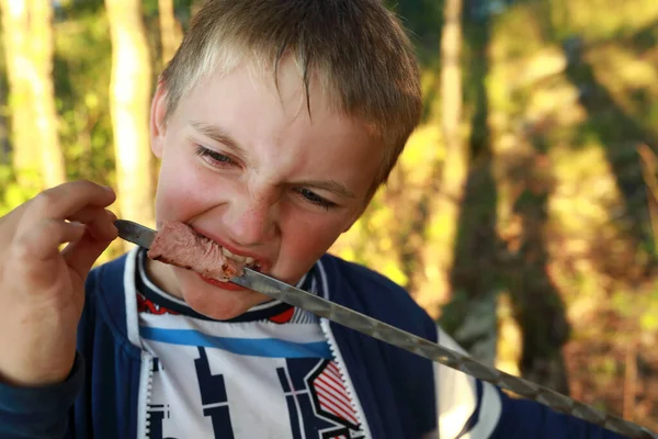 Kid Eating Sausage Skewer Forest Karelia — Stock Photo, Image