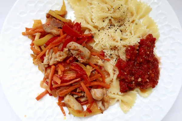 Pasta Turkey Stew Adjika Sauce Plate — Stock Photo, Image