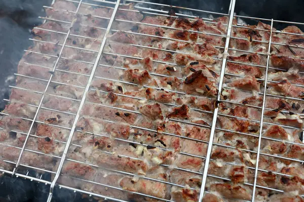 Schweinenacken Mit Zwiebeln Auf Grill Beim Picknick Kochen — Stockfoto
