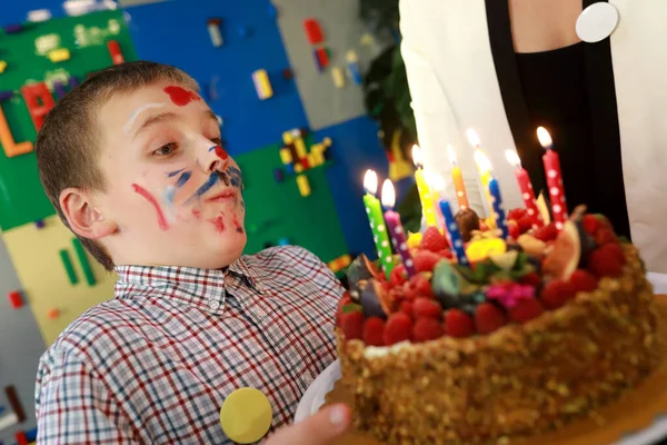 Birthday Boy Blows Out Candles Cake Playground — Stock Photo, Image