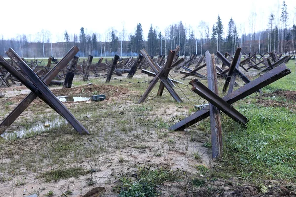 Vista Obstáculos Tanque Campo Batalha Rússia — Fotografia de Stock