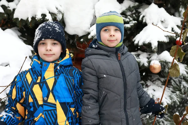 Dois Irmãos Fundo Árvore Natal Inverno — Fotografia de Stock