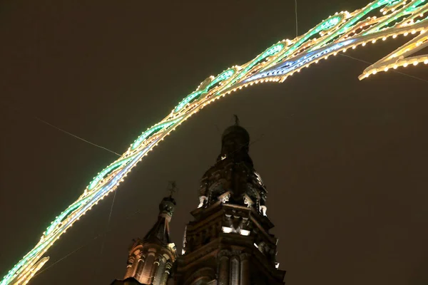 Vista Arco Brilhante Torre Sineira Catedral Rua Bauman Kazan Noite — Fotografia de Stock