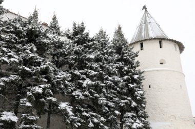 Kışın Kazan Kremlin 'in güneydoğu kulesinin manzarası