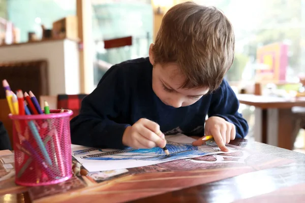 Portrait Boy Drawing Pencils Cafe — Stock Photo, Image