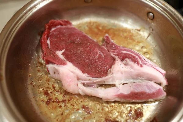 Frying Veal Steak Pan Home — Stock Photo, Image