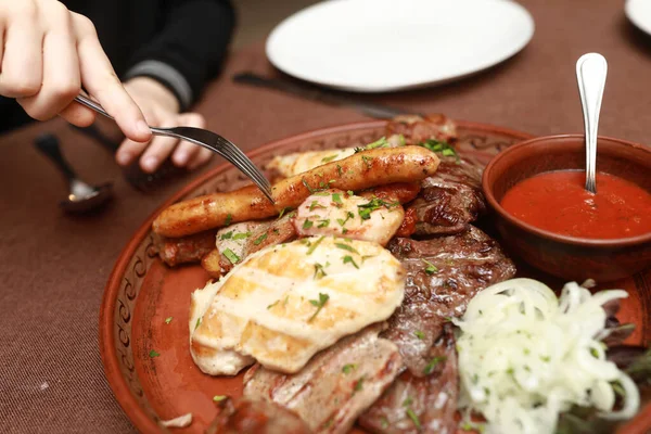 Person Taking Sausage Plate Restaurant — Stock Photo, Image
