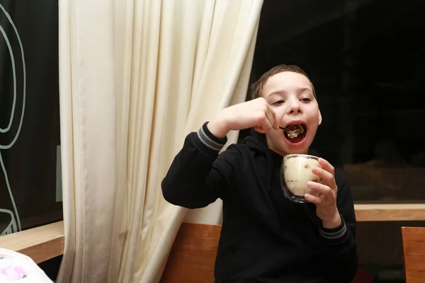 Boy Eating Tiramisu Glass Restaurant — Stock Photo, Image