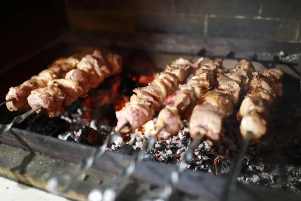 Pork Neck Cooking Skewers Charcoal Fireplace — Stock Photo, Image