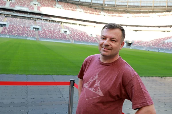 Portrait Man Posing Football Stadium — Stock Photo, Image