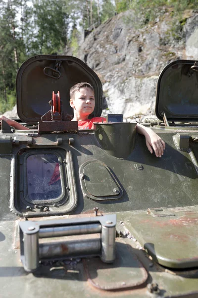 Boy Posing Light Generalpurpose Armored Vehicle Russia — Stock Photo, Image