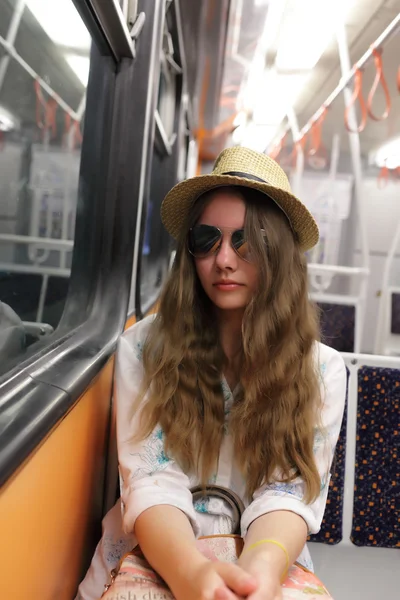 Girl in subway train — Stock Photo, Image