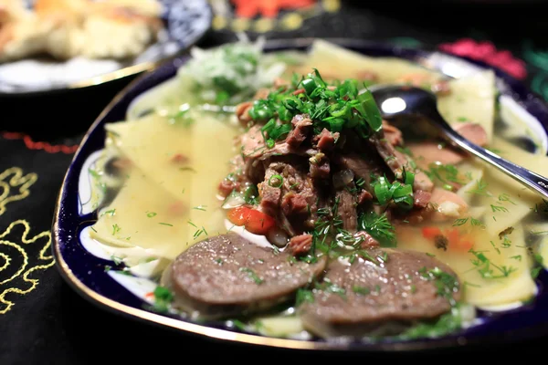 Boiled meat with noodles — Stock Photo, Image